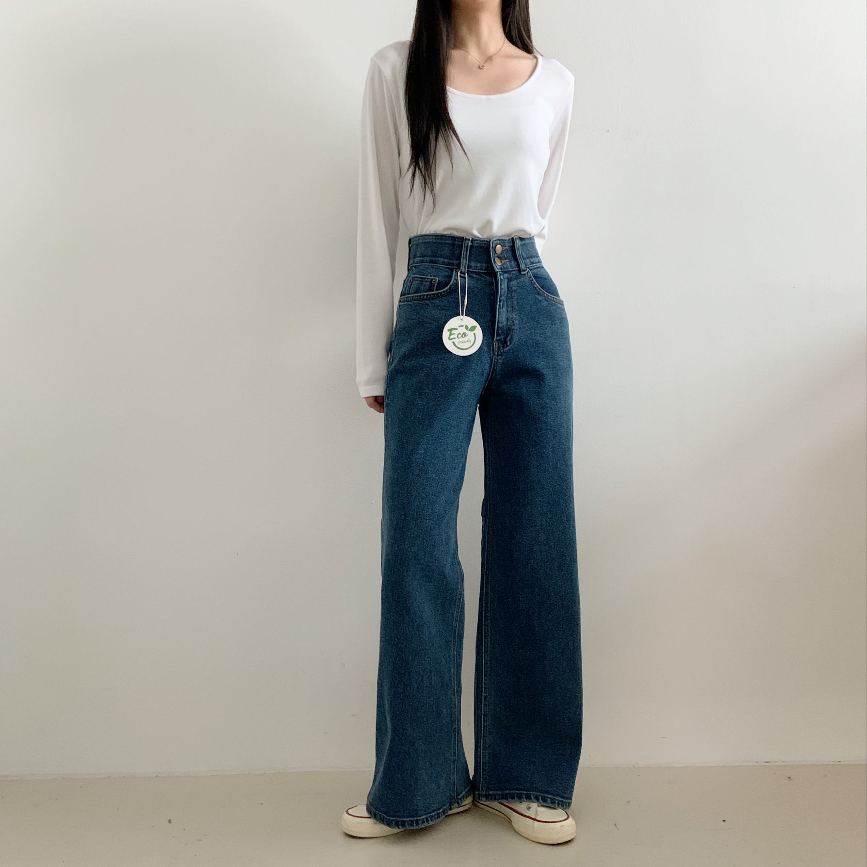 허리 투버튼밴딩 더블버튼 스판 리얼와이드핏 부츠라인 청바지데님(롱숏버전 출시)키작녀 - 상세 이미지 3