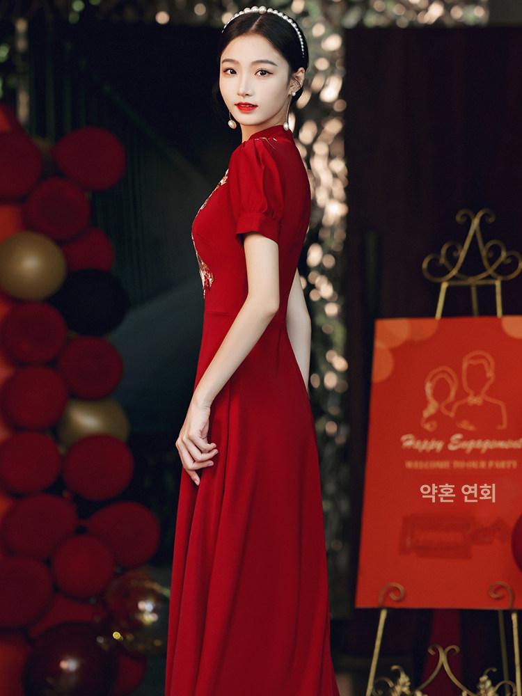 개량 치파오 턱시도 신부 결혼 와인색 약혼 드레스녀 여름 빈티지 차이나 스타일 - 상세 이미지 5