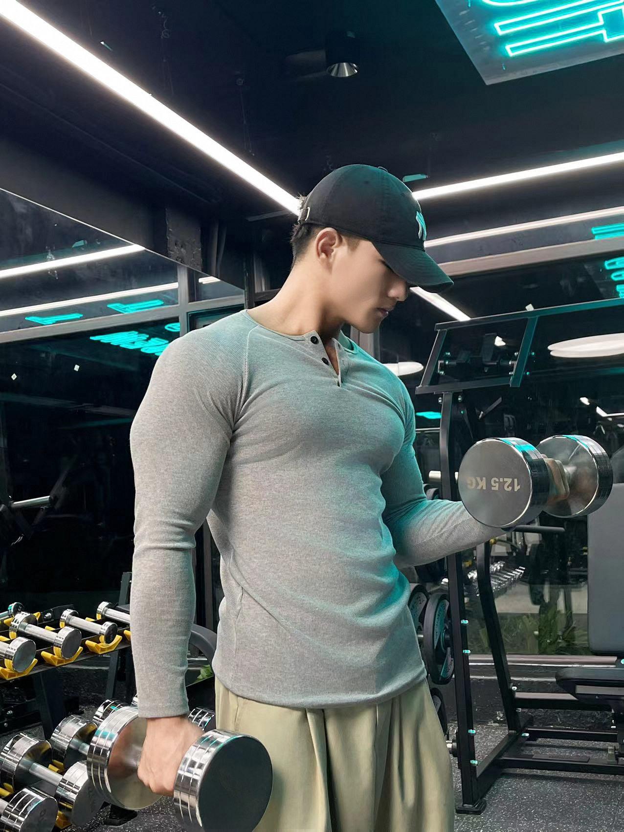 남자머슬핏반팔 골지 면스판 땀흡수 3버튼 티셔츠 웨이트 - 상세 이미지 5