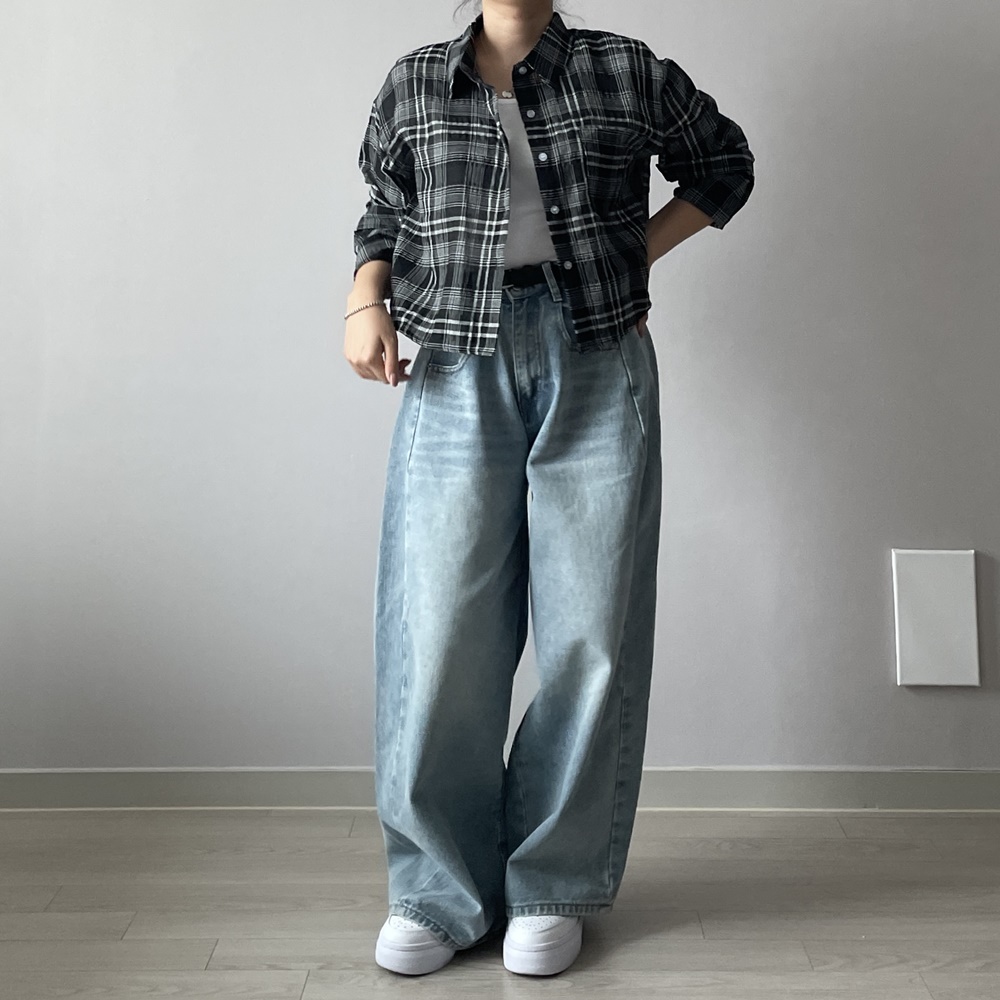 크롭남방 여성체크남방 살안타템 화이트 블랙 이미지 4