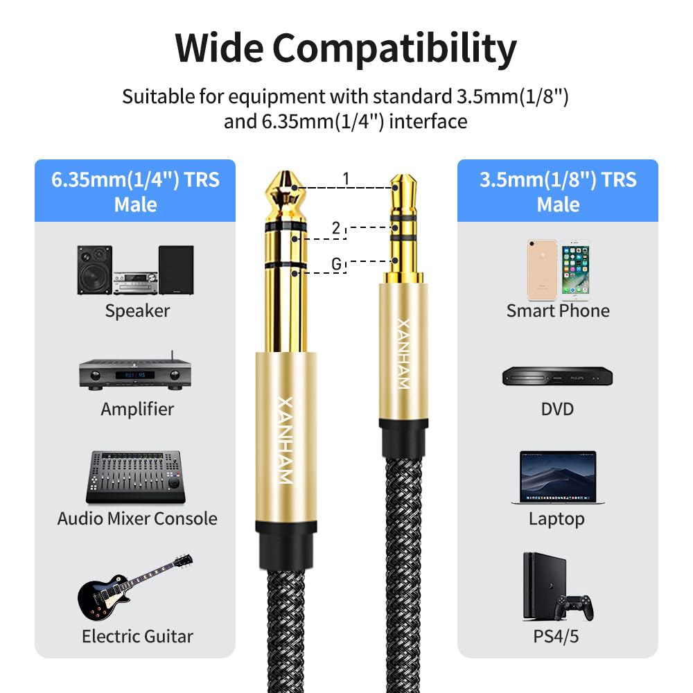 XANHAM 3.5mm ~ 1/4 스테레오 오디오 케이블 16피트/5M, 0.3cm(1/8인치) 6.35mm 0.6cm(1/4인치) TRS 수 Aux 코드 이중 차폐 기타, 앰프, - 상세 이미지 2