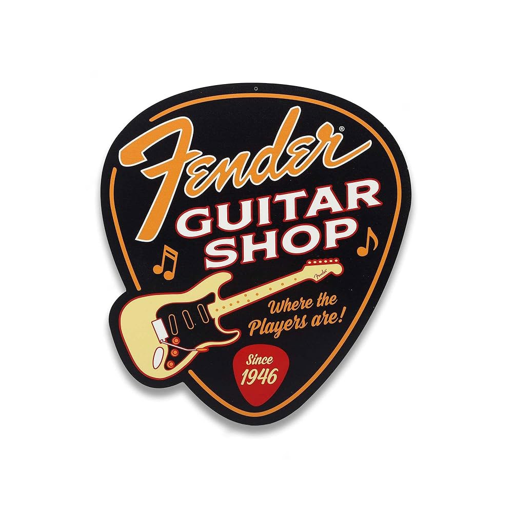 Fender Guitar Shop 피크 모양 남자 동굴용 또는 사인 - 음악실 빈티지 펜더 금속 Black/Red - 상품 이미지