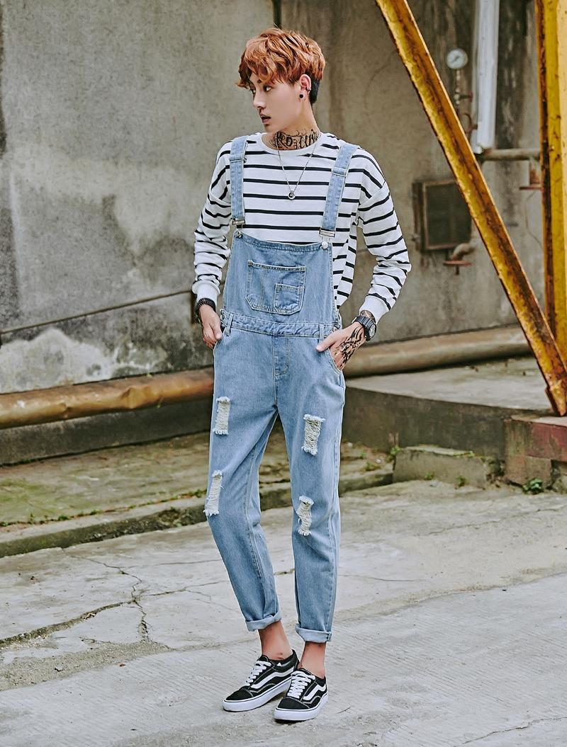 남자멜빵바지 연청 데미지 데님멜빵바지 - 상세 이미지 4
