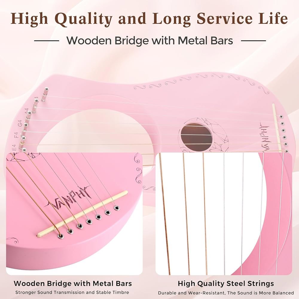 Lyre Harp VANPHY 7 스트링 마호가니 바디 메탈 초보자 하프용 클래식 스타일 하프 악기 튜닝 렌치 기타 백 (핑크) 7 strings-Pink - 상세 이미지 3