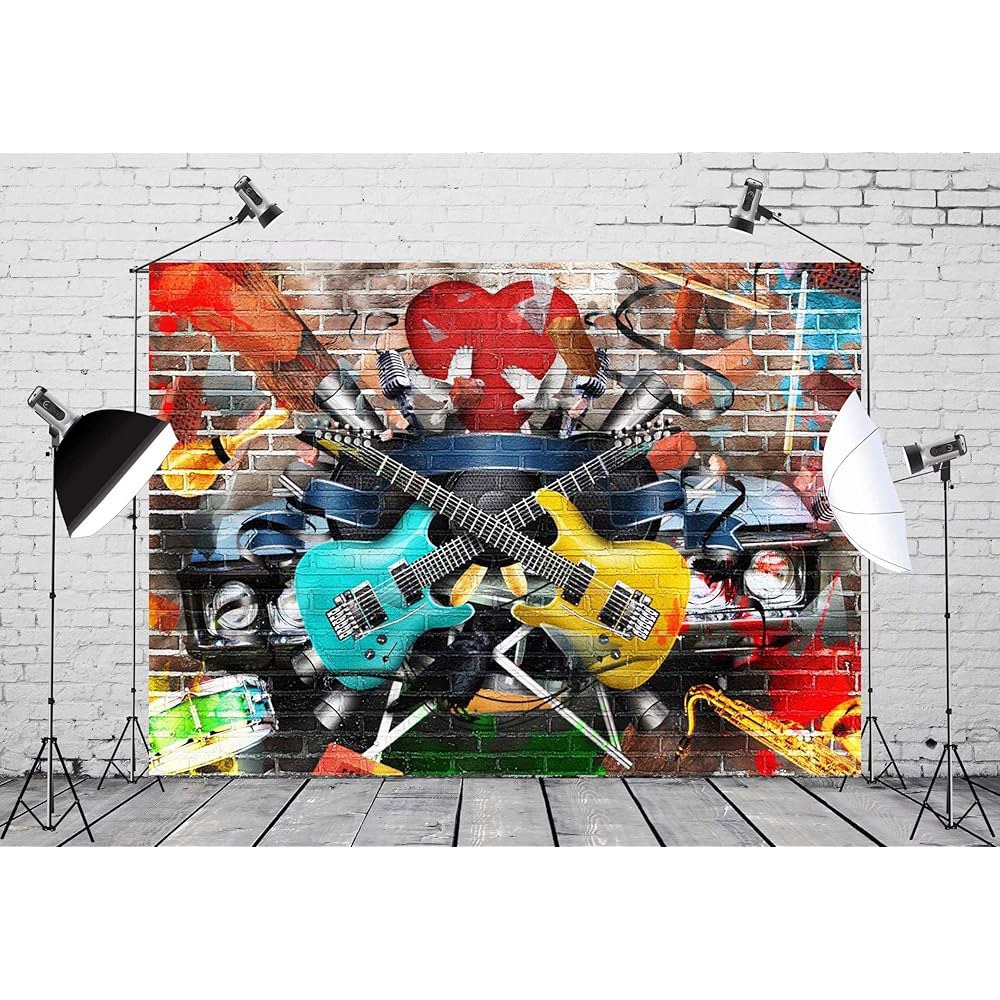 BELECO 2.1x1.5m(7x5피트) 패브릭 로큰롤 기타 배경, 소품 배경 사진 90년대 Phtography 80년대 벽돌 배너 장식, 벽 생일 그래피티 디스코 콘서트 뮤지컬 - 상세 이미지 2