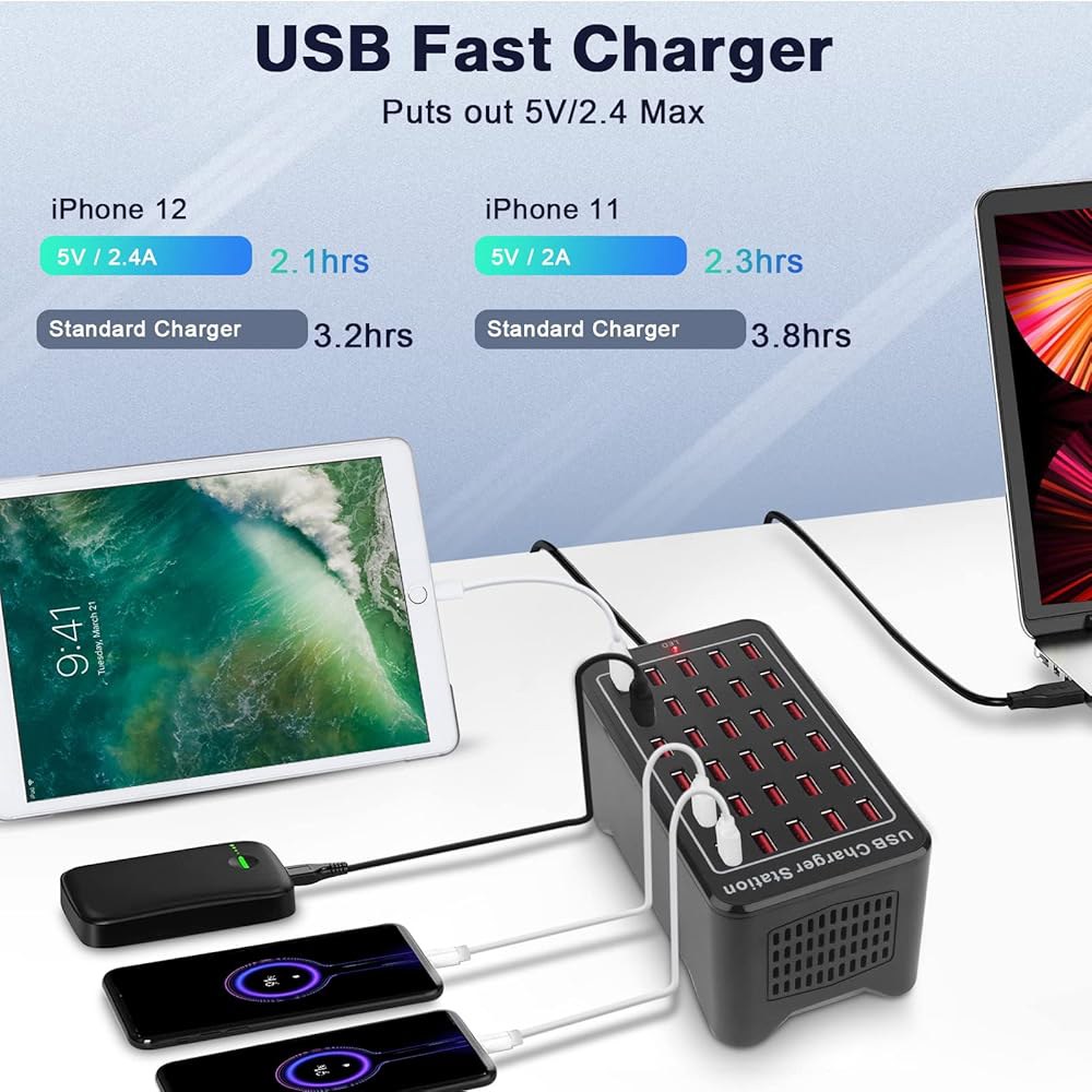 Cinlinso 30 포트 150W(30A) USB 충전 스테이션 - 스마트폰, 태블릿 및 기타 전자제품을 위한 스마트 감지 기능이 있는 멀티 허브 - 상세 이미지 3