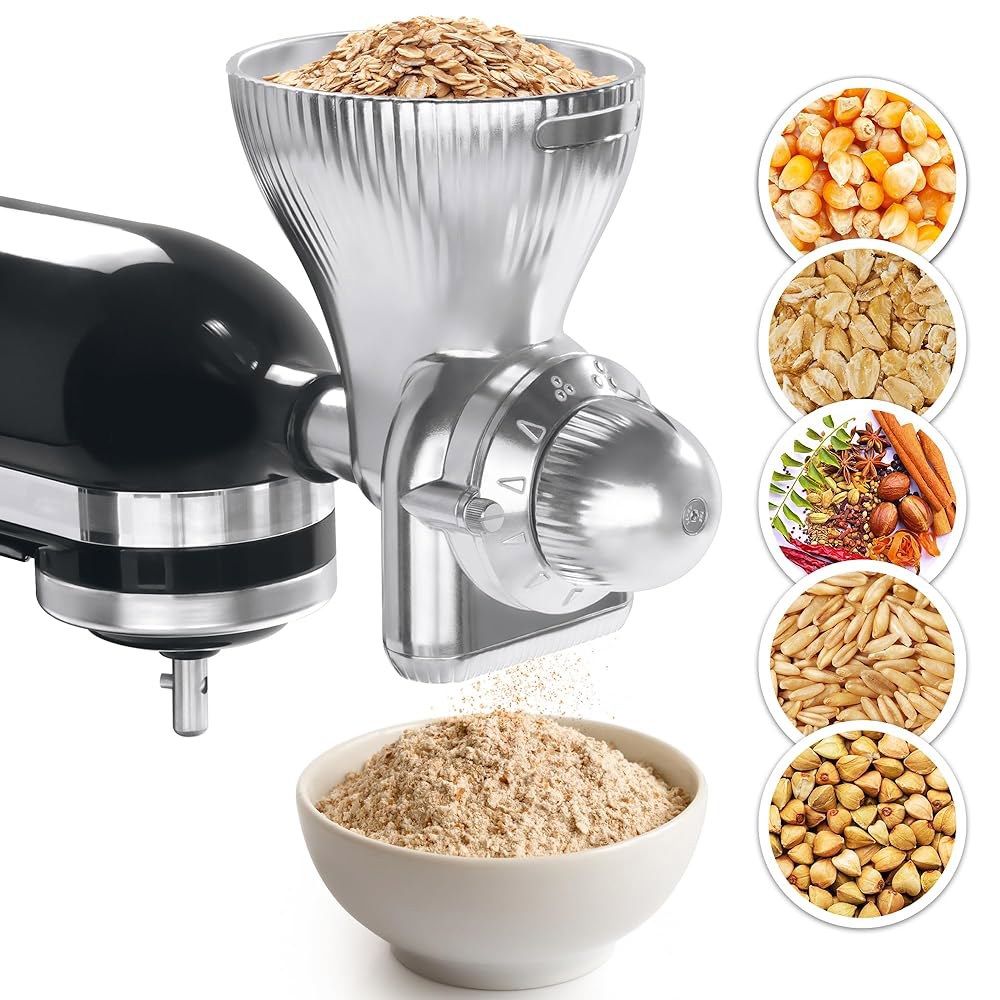 GLINK KitchenAid 스탠드 믹서용 올 메탈 그레인 밀 부착물, 12단계 밀가루 그라인더 액세서리, 밀, 옥수수, 귀리, 메밀, 기장 및 기타 곡물을 분쇄하는 데 적합한 - 상품 이미지