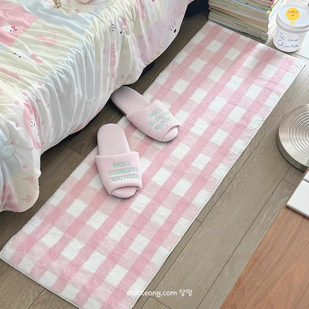 달떵 귀여운 파스텔체크 침대 침실 아기방 긴 러그 카페트 주방 매트 핑크, 180x60cm