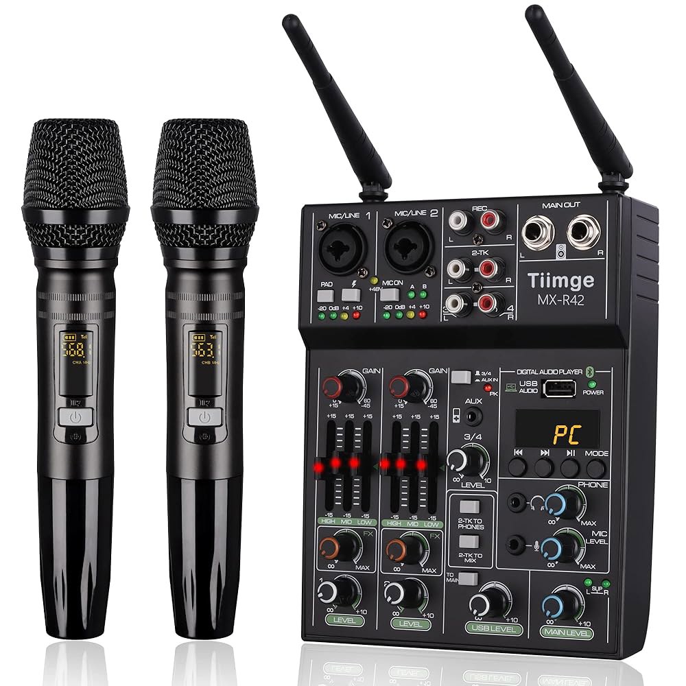 듀얼 무선 마이크가 있는 전문 기타에 사운드 USB 컴퓨터 팬텀 시스템 파워, 노래방 PC 콘솔 48V 믹서 믹서, 4채널 보드 적합 입력 블루투스 Dj 인터페이스 MP3 오디오 - 상품 이미지