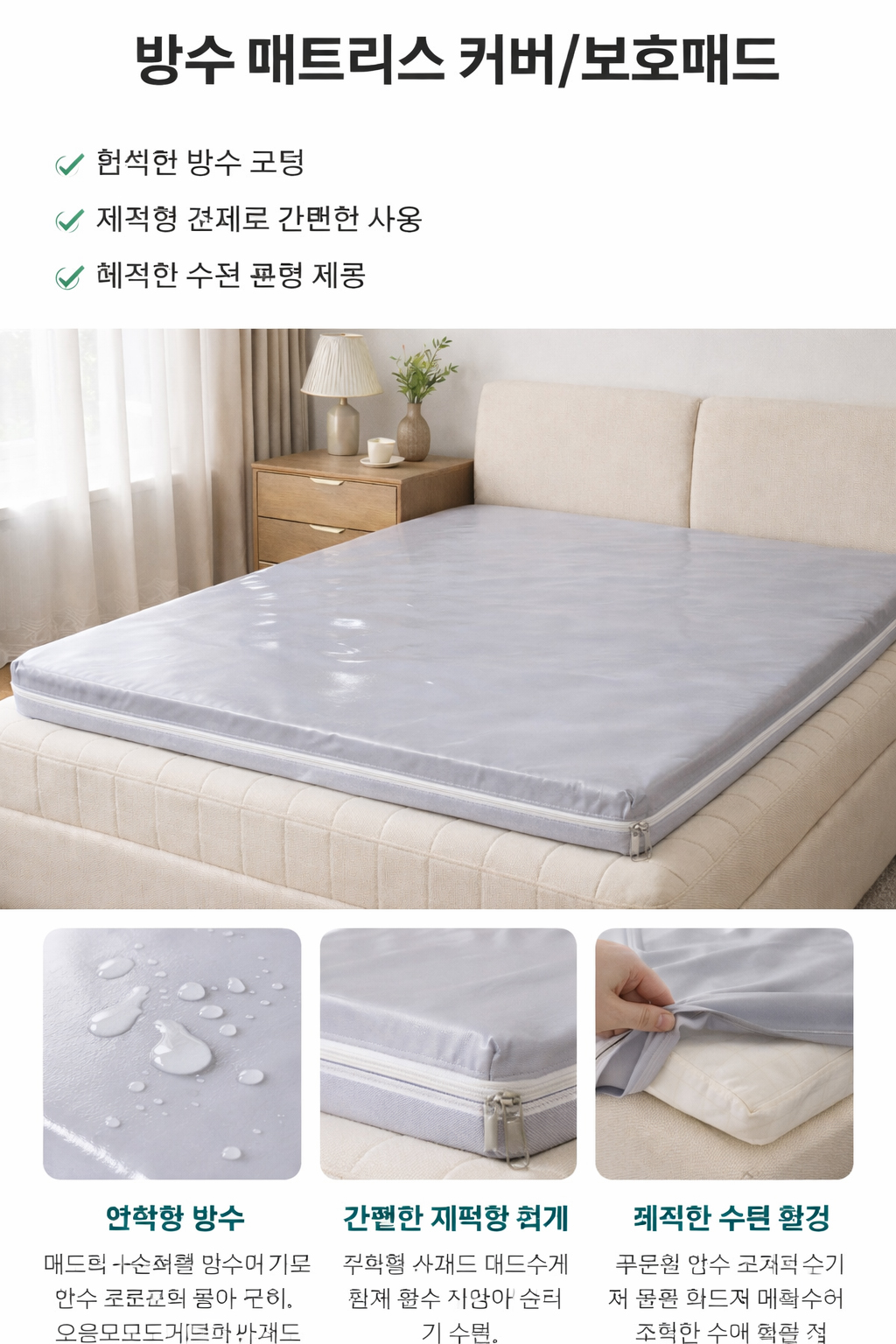 3면지퍼 입체방수 방수 토퍼커버 매트리스 속커버 양면사용 6면 3면지퍼 직조원단 PU코팅 화이트, 100x200x18 - 상세 이미지 4