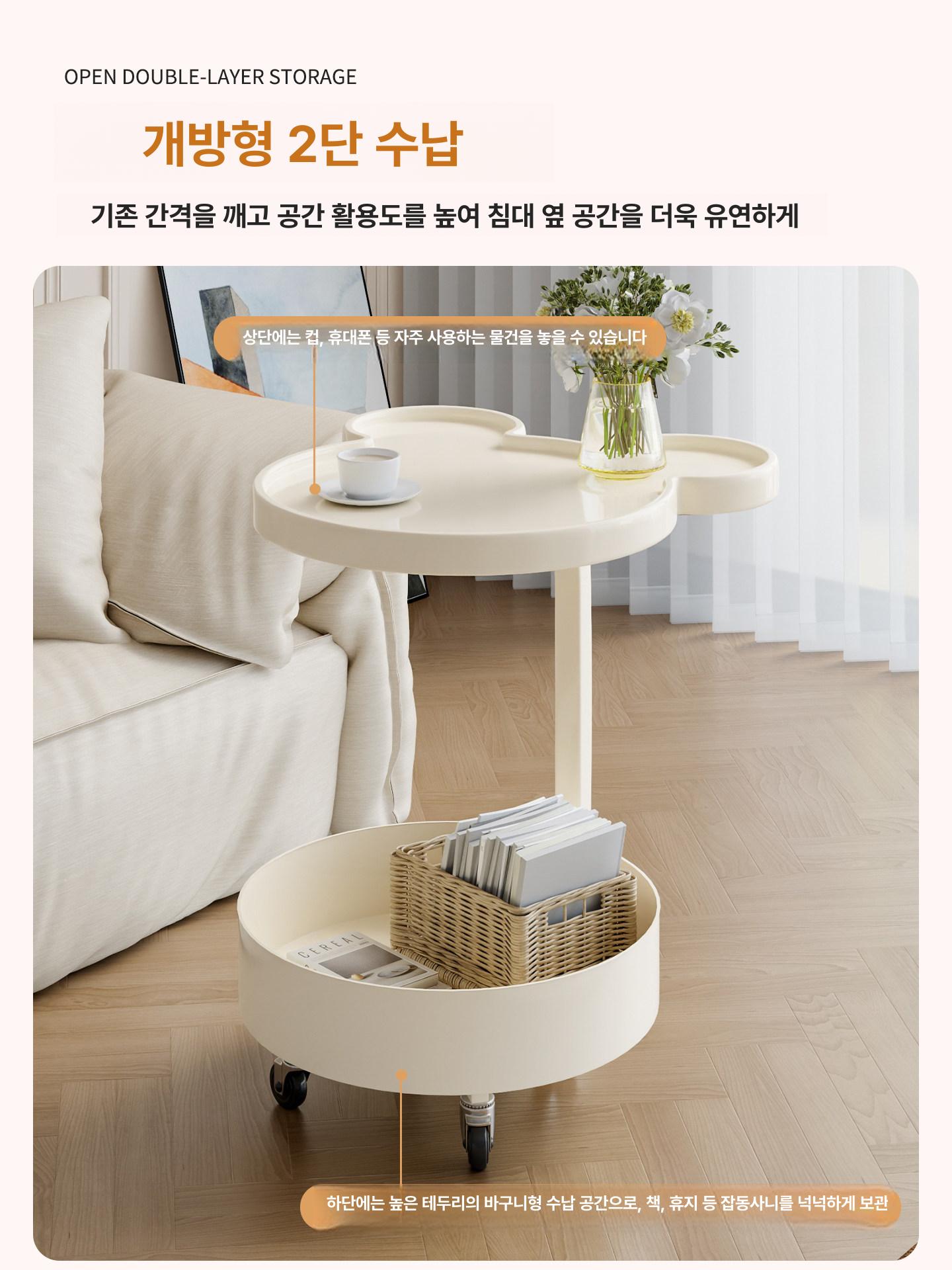 거실 커피테이블 수납 탁자 이동식 선반 미키나무결+흰색섀시 - 상세 이미지 3