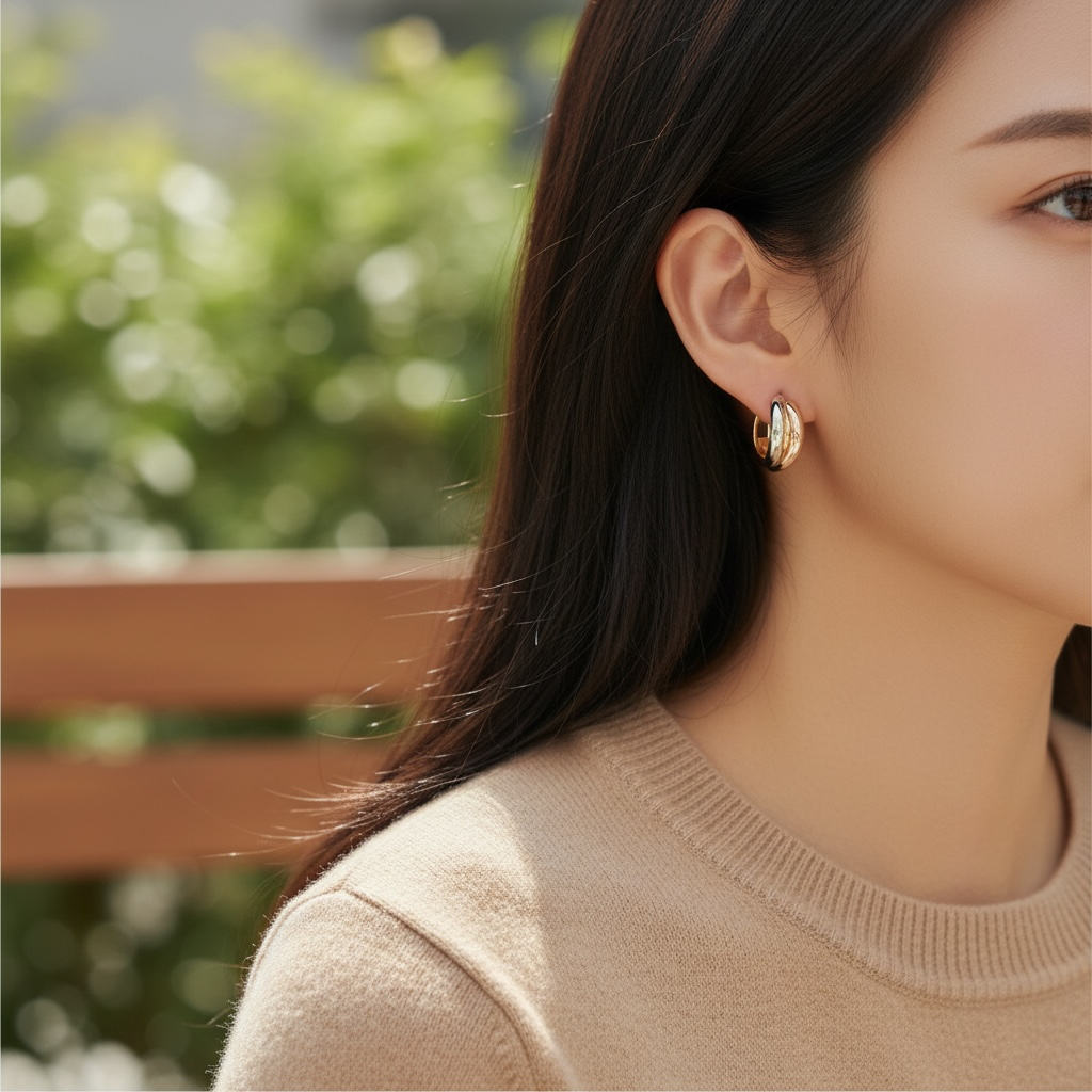 14K 삼색 귀걸이 포인트 럭셔리 원터치 이어링 이미지 7