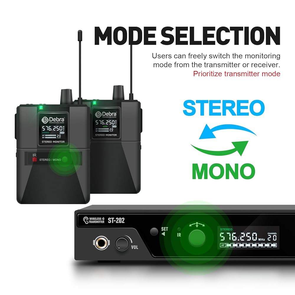 D Debra Audio PRO ST-202 UHF 스테레오 무선 인이어 모니터 시스템, 무대용 모니터링 유형이 있는 듀얼 채널 IEM, 스튜디오, 기타, 밴드 성능용 수신기(듀얼 - 상세 이미지 2