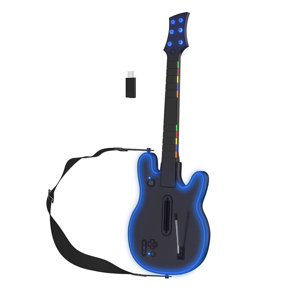 JJDWIN Wireless Guitar Hero Controller with RGB & Strap for Band Rock Dongle,Black PS4/PS3/PC, Fortn - 상품 이미지