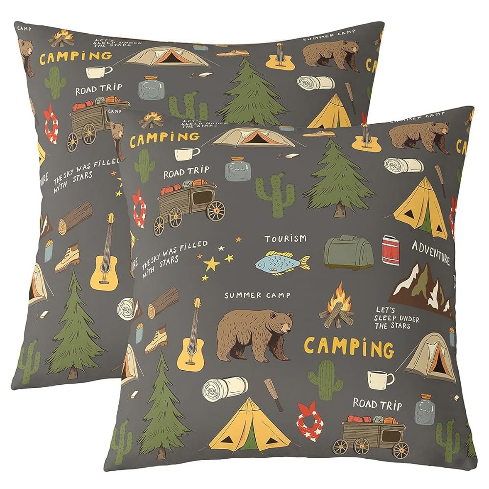 Happy Camping 소파 베드용 쿠션 사냥 파이크 케이스, 커버, 하이킹 2개 45.7 45.7cm(18 카메라 및 테마 물고기 여행 18인치) 캠퍼 곰 자동차 베개 세트 - 상품 이미지