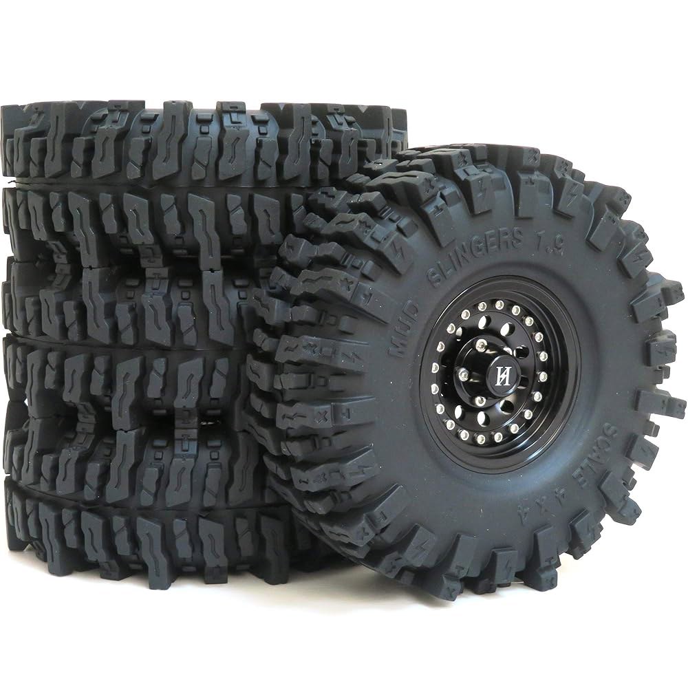 HOBBYSOUL RC 1.9 머드 슬링거 소프트 스티키 1/10 림 120mm 휠 트레일용, 메탈 헤비 블랙 TRX-4 기타 4.72인치 및 SCX10 크롤러 Axial 비즈록 - 상품 이미지