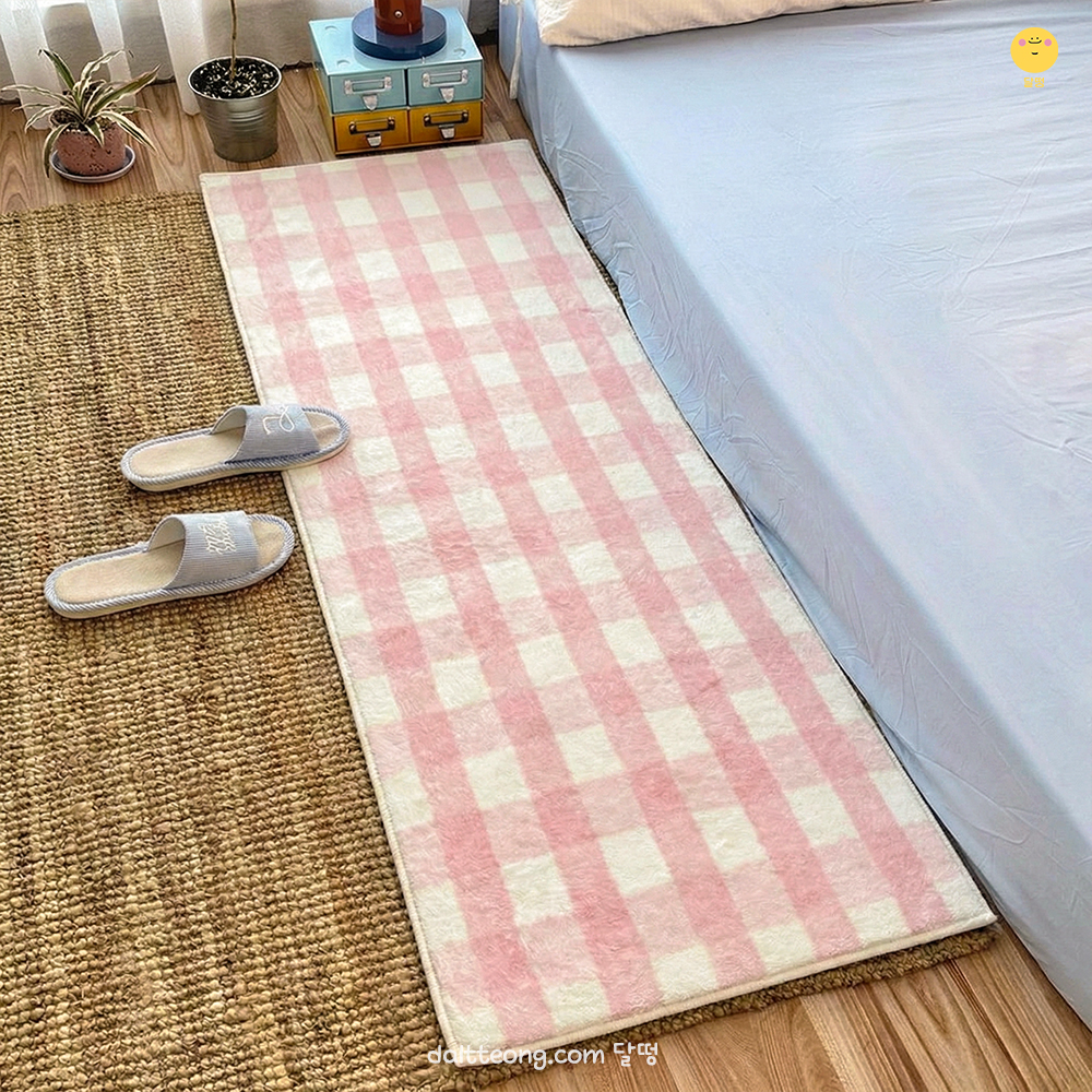 달떵 귀여운 파스텔체크 침대 침실 아기방 긴 러그 카페트 주방 매트 핑크, 180x60cm