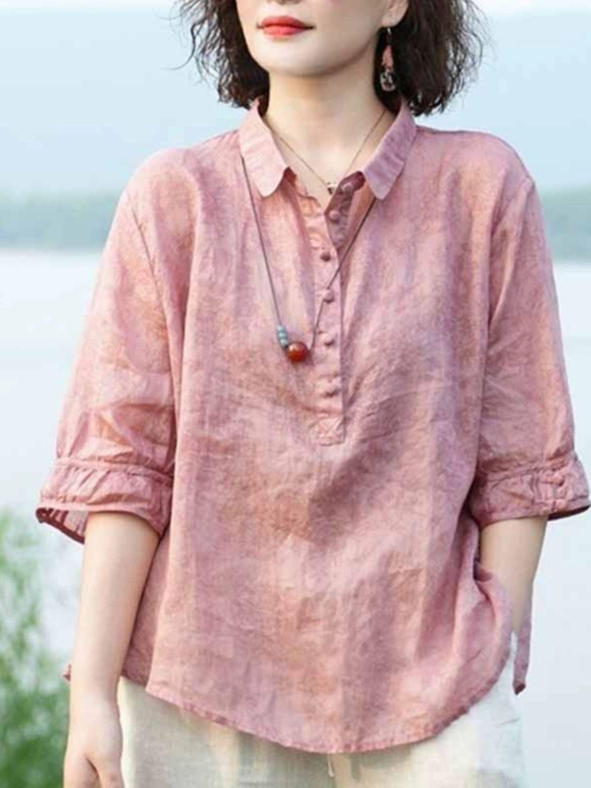 벌룬소매 면마 블라우스 봄여름 반팔 중년 여성 셔츠 - 상세 이미지 2