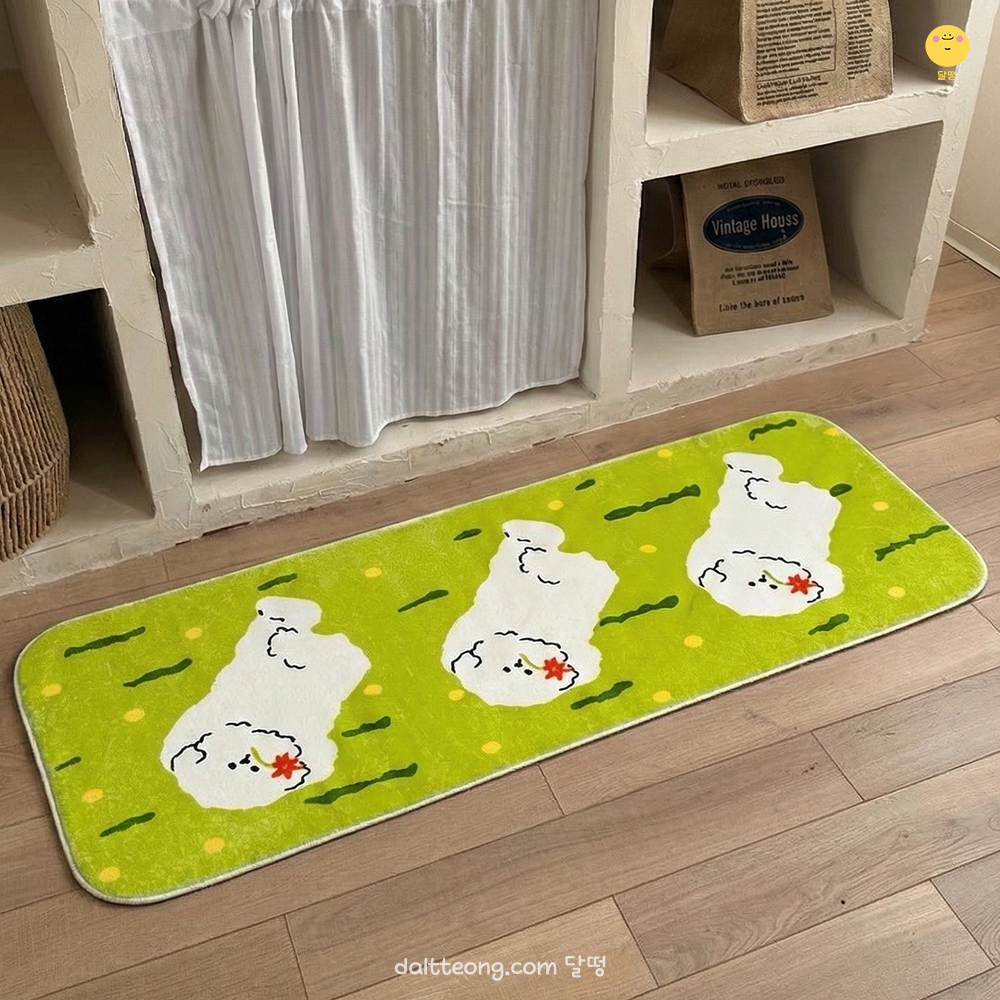 달떵 귀여운 플라워 퍼피 가든 강아지 침대 침실 아기방 긴 러그 그린, 120x40cm