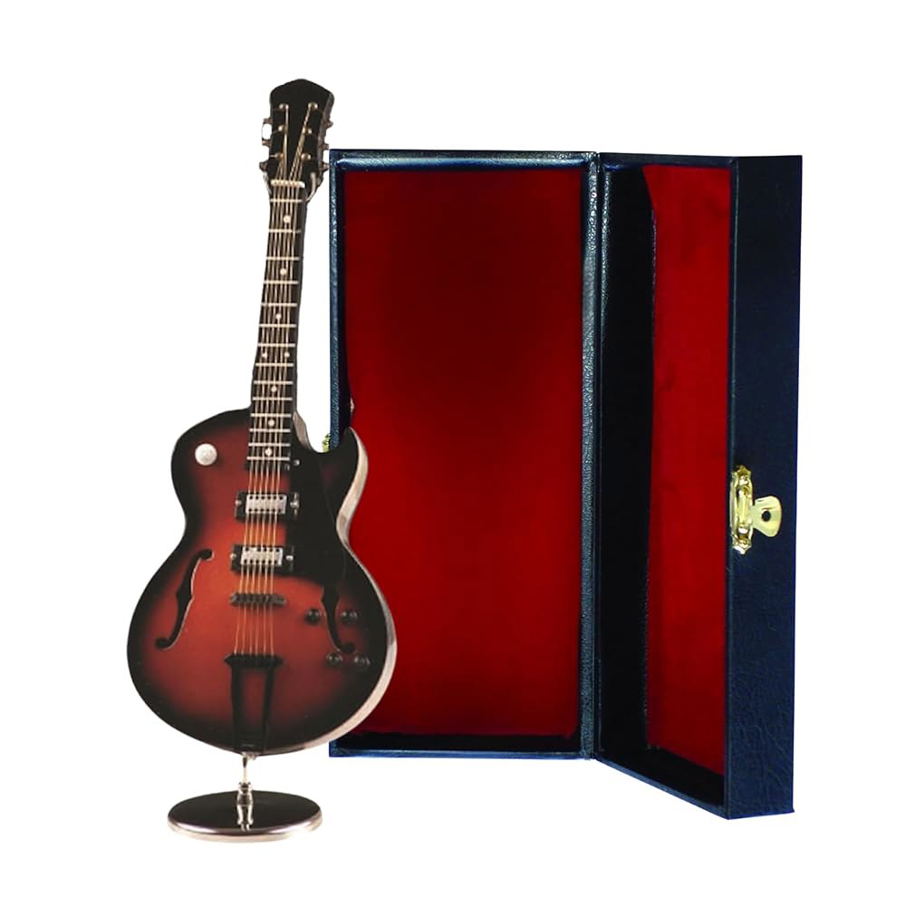 Broadway Gifts 17.3cm(6.8인치) 브라운 우드 일렉트릭 기타 미니어처 장식, 스탠드 및 케이스 포함 - 상품 이미지