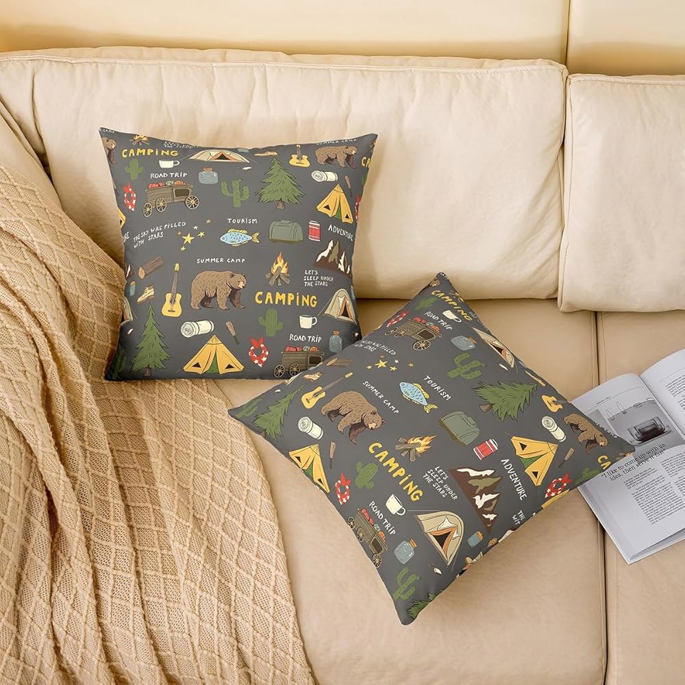 Happy Camping 소파 베드용 쿠션 사냥 파이크 케이스, 커버, 하이킹 2개 45.7 45.7cm(18 카메라 및 테마 물고기 여행 18인치) 캠퍼 곰 자동차 베개 세트 - 상세 이미지 2