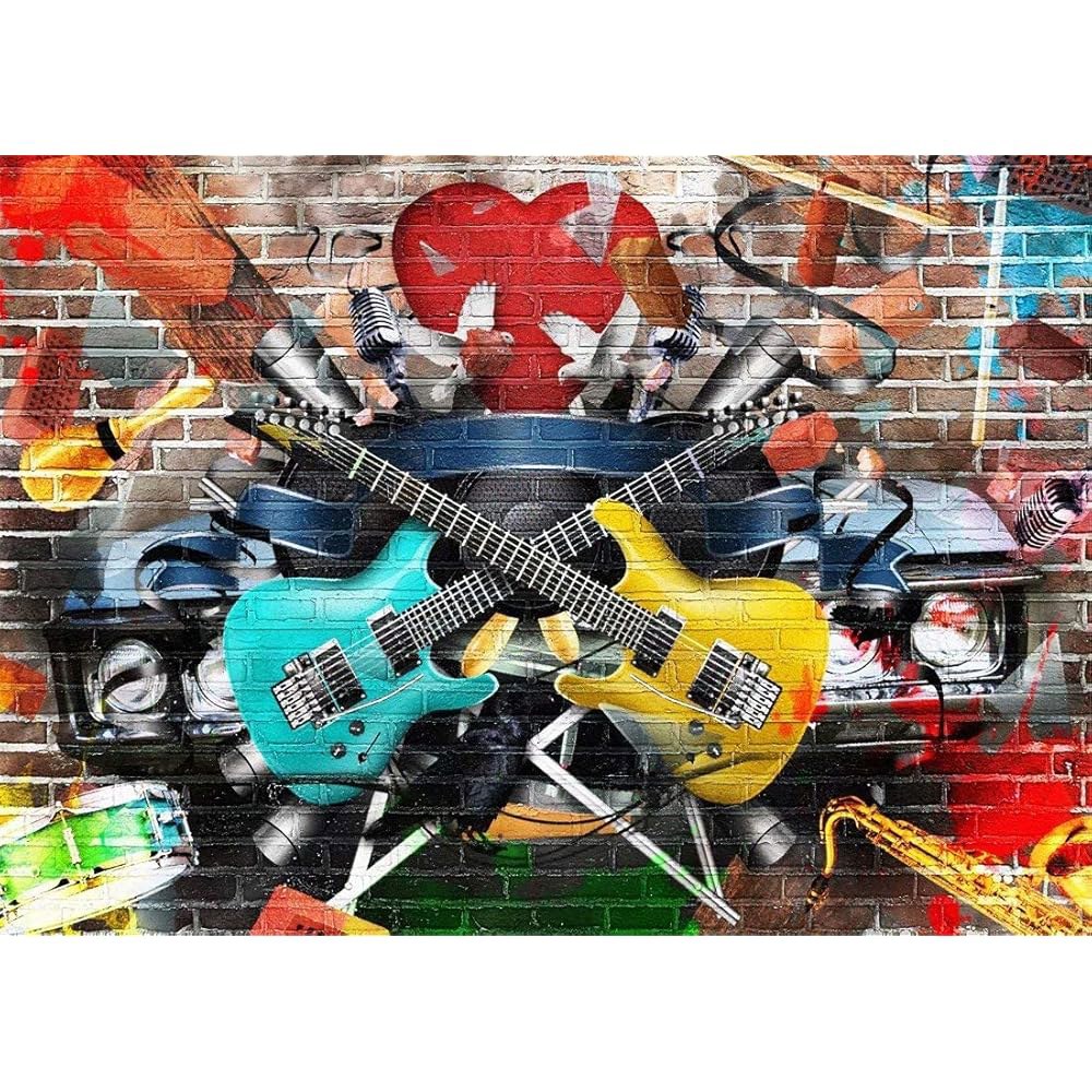 BELECO 2.1x1.5m(7x5피트) 패브릭 로큰롤 기타 배경, 소품 배경 사진 90년대 Phtography 80년대 벽돌 배너 장식, 벽 생일 그래피티 디스코 콘서트 뮤지컬 - 상품 이미지