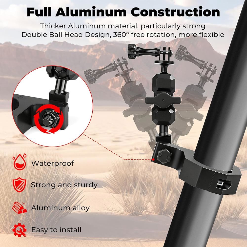 Jerbor 알루미늄 UTV ATV 카메라 5.1cm(2인치) 범용 4.8cm(1.75인치) 360 카메라용 액션 3.8cm(1.5인치) 2.5cm(1인치) 홀더 Hero에 적합, - 상세 이미지 3