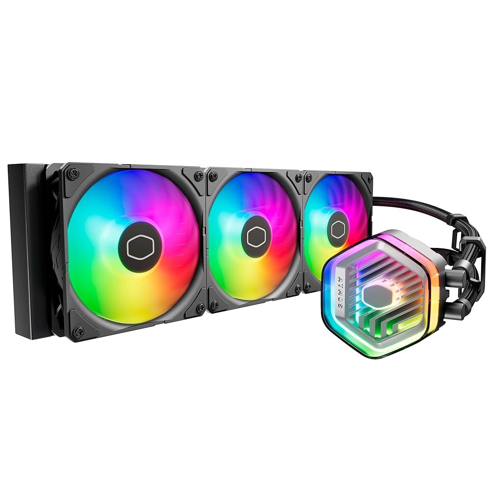 쿨러 마스터 리퀴드 Atmos 360 블랙 CPU - AIO 수냉식 시스템, 듀얼 챔버 펌프, 사전 설치된 낫플로우 120 엣지 팬, 주소 지정 가능한 2세대 RGB, LGA170 - 상품 이미지