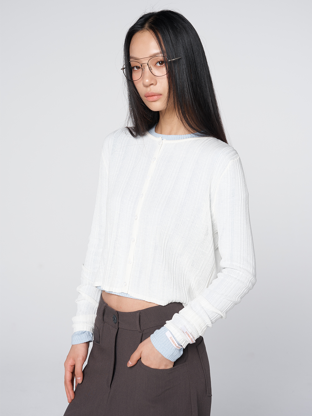 320쇼룸 린넨 블렌드 골지 숏 가디건 아이보리 - 상품 이미지