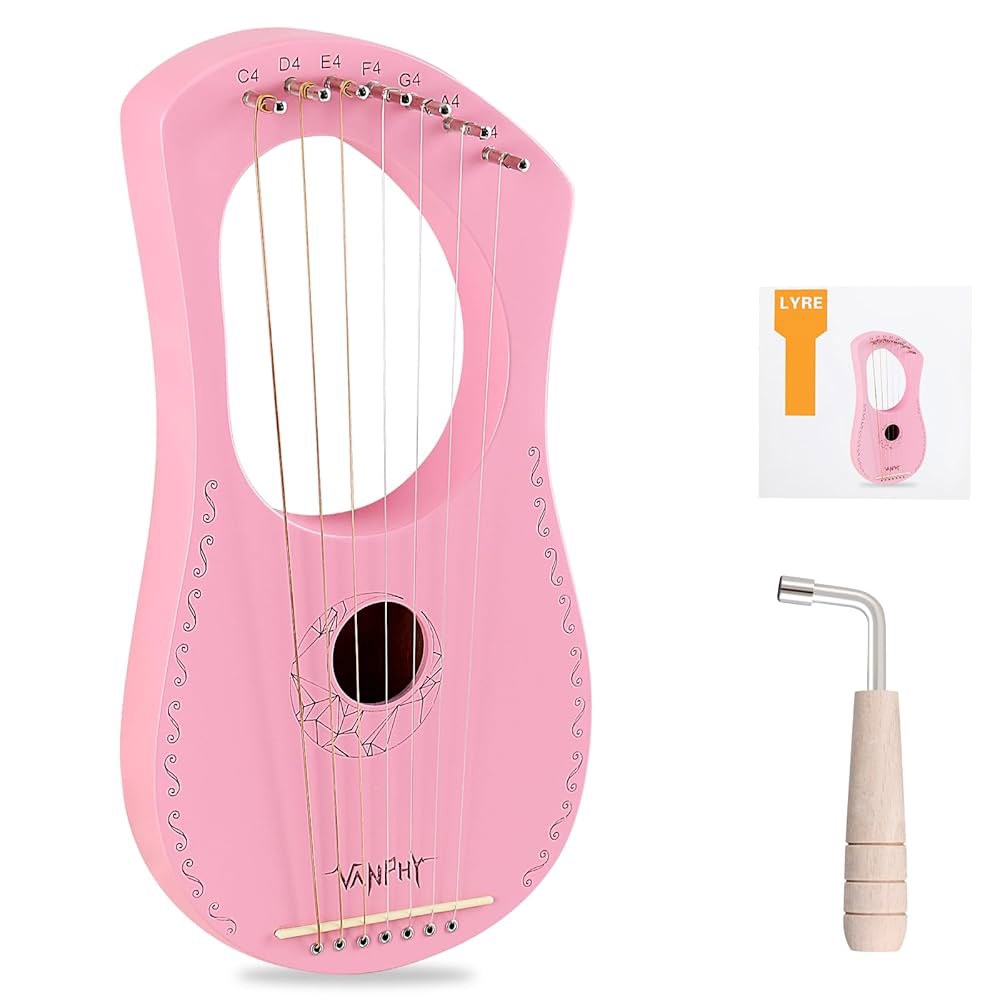 Lyre Harp VANPHY 7 스트링 마호가니 바디 메탈 초보자 하프용 클래식 스타일 하프 악기 튜닝 렌치 기타 백 (핑크) 7 strings-Pink - 상품 이미지