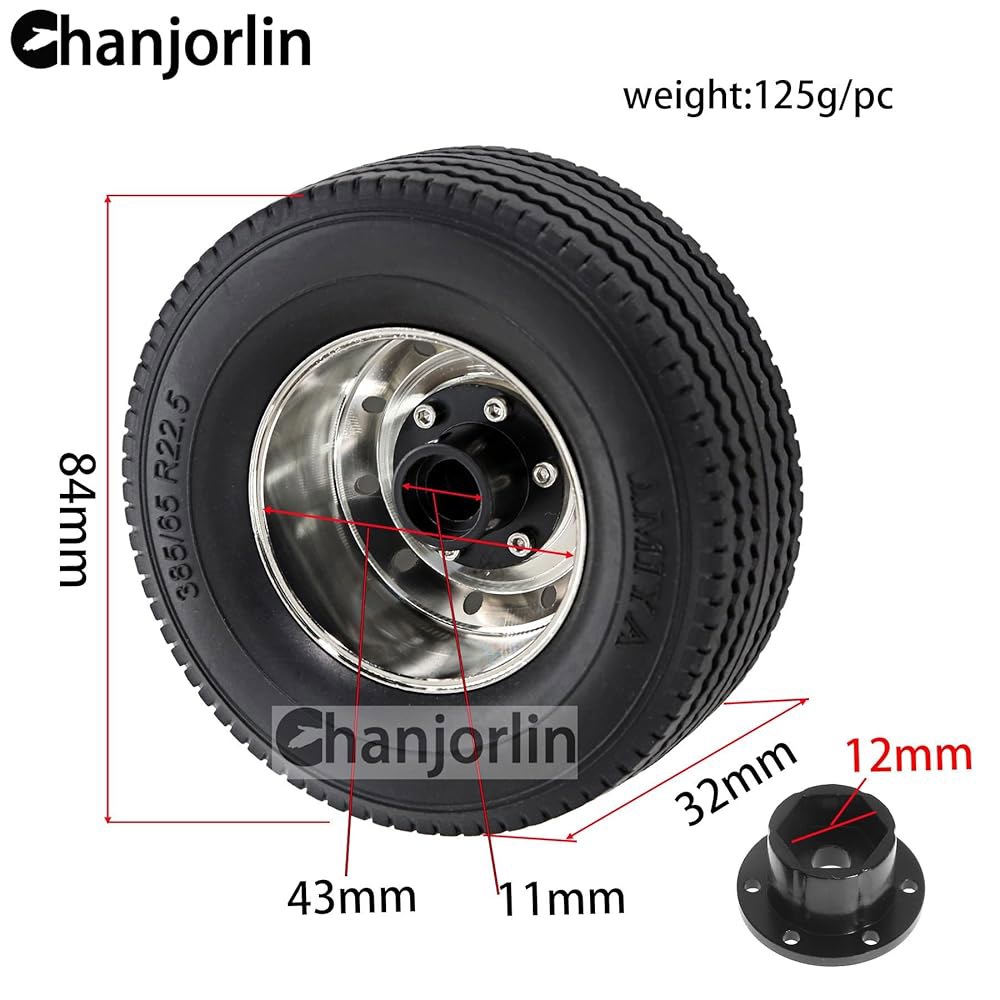 Chanjorlin 1/14 RC 프론트 트랙터 2개 휠 스케일 스틸 모델 Tamiya 기타 타이어 OD 및 업그레이드 트럭 트레일러 8.9cm(3.31인치) 고무 림 또는 1 - 상세 이미지 2