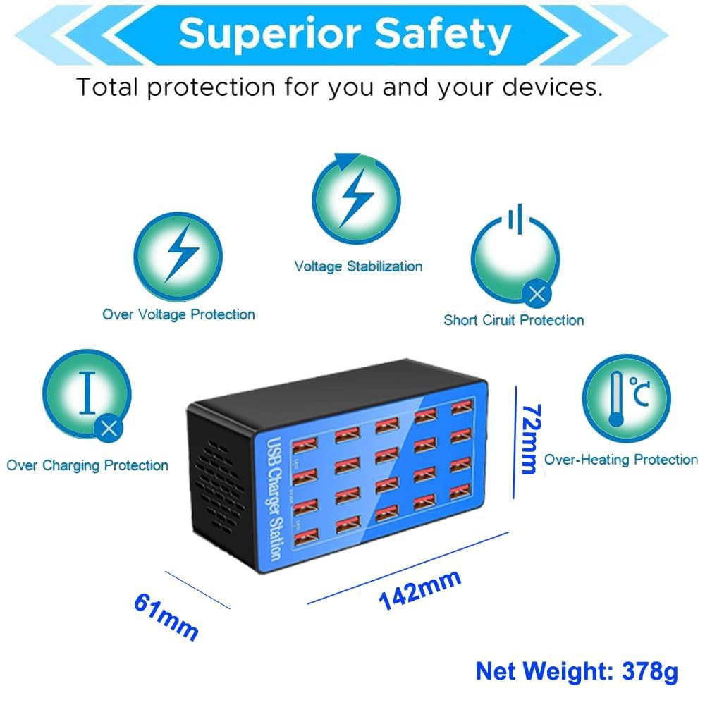 Mvthenxi 100W 20포트 멀티 장치 USB 충전 스테이션 - 스마트폰, 태블릿, 스마트워치 및 기타 전원 장치를 동시에 충전할 수 있습니다. (20포트 충전기 스테이션-블 - 상세 이미지 2