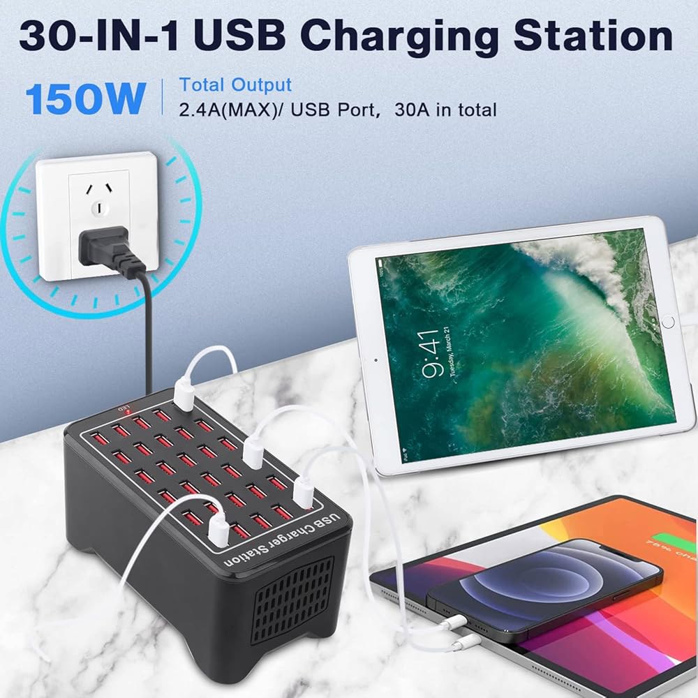 Cinlinso 30 포트 150W(30A) USB 충전 스테이션 - 스마트폰, 태블릿 및 기타 전자제품을 위한 스마트 감지 기능이 있는 멀티 허브 - 상세 이미지 2