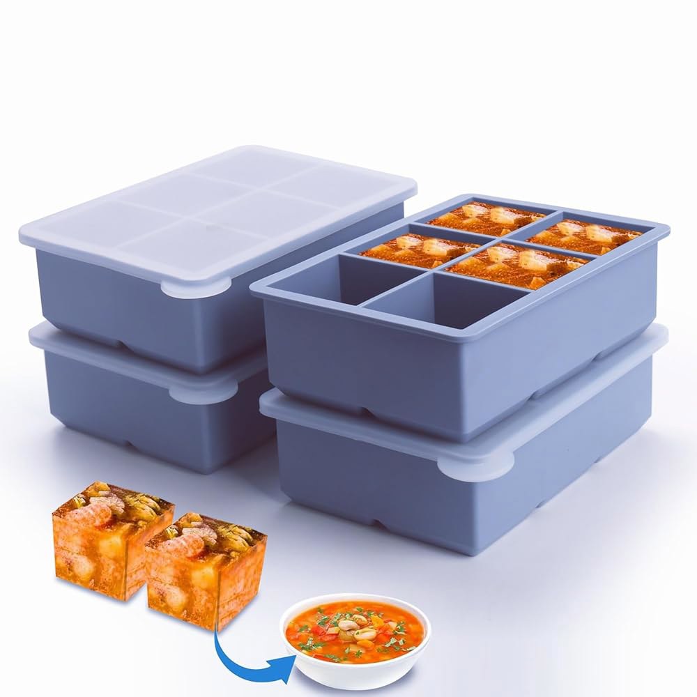 뚜껑이 있는 1/2컵 실리콘 냉동고 소스 만들기 큐브 - 및 준비 4팩, 식사 냉동용, 4팩) 몰드 (블루 완벽한 24개의 기타 다양한 요리의 분량 트레이 Blue 2 Pack - 상품 이미지