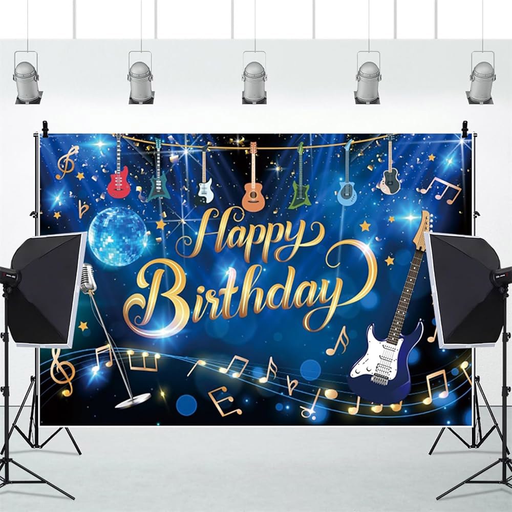 Renaiss 2.1x1.5m(7x5피트) 음악 노트 생일 어린이 배너 테마 장식 노래방 기타 초상화 소년 소품 사진 배경 파티 스튜디오 락롤 축하 벽지 5x3ft Blue - 상세 이미지 2