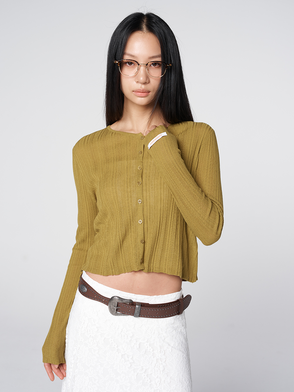 320쇼룸 린넨 블렌드 골지 숏 가디건 올리브 그린 이미지 2