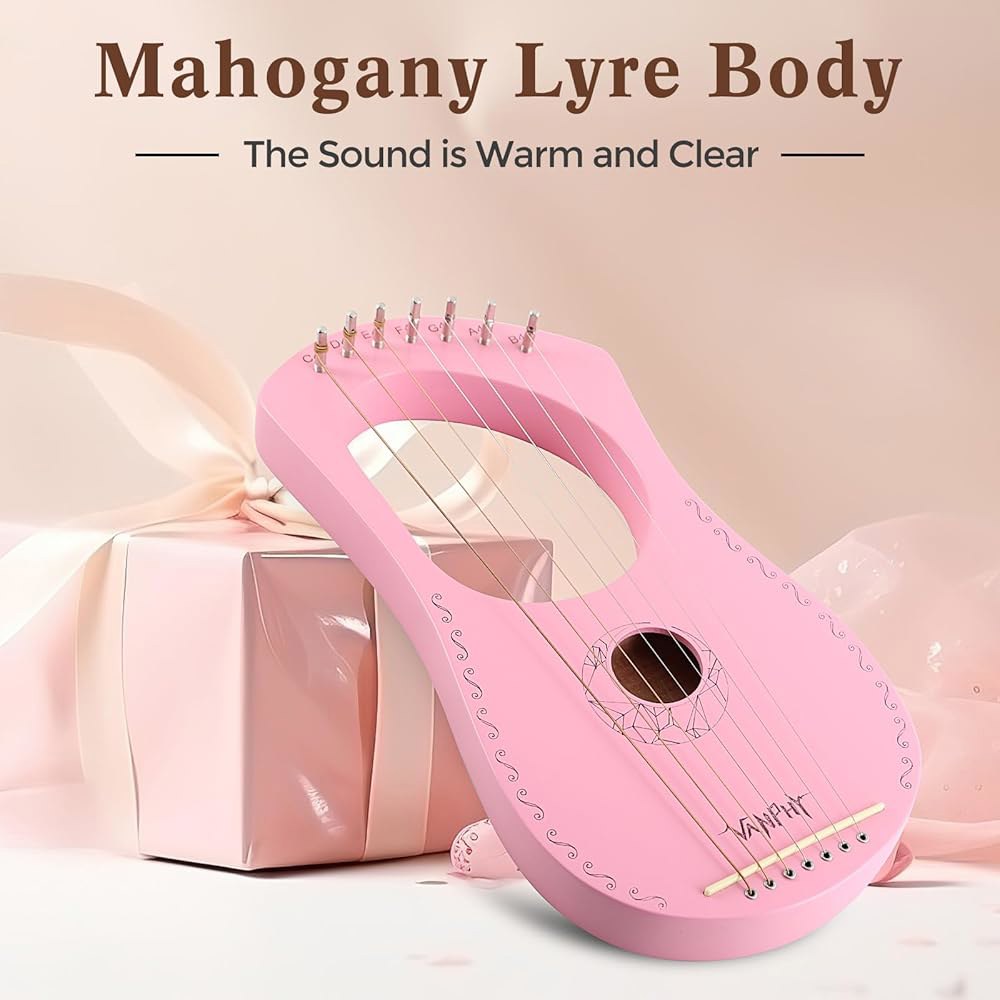 Lyre Harp VANPHY 7 스트링 마호가니 바디 메탈 초보자 하프용 클래식 스타일 하프 악기 튜닝 렌치 기타 백 (핑크) 7 strings-Pink - 상세 이미지 2