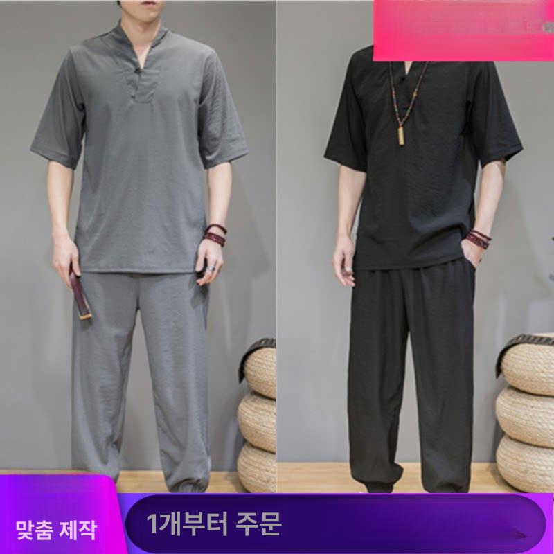 남자 생활복 상하 세트 반팔긴바지 추리닝 절복 빅사이즈 개량한복 여름 시원한 법복 중년 - 상세 이미지 2