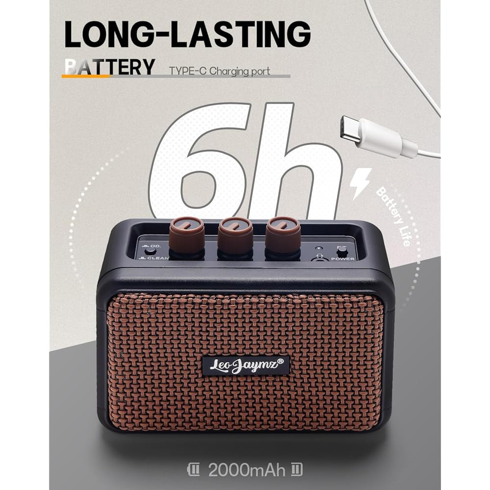 Leo Jaymz 미니 기타 앰프 - 5W 듀얼 스피커 BT 무선 앰프, 충전식 배터리, 클린/오버드라이브 모드, 헤드폰 잭, 연습 및 공연에 이상적 (블랙) Black - 상세 이미지 3