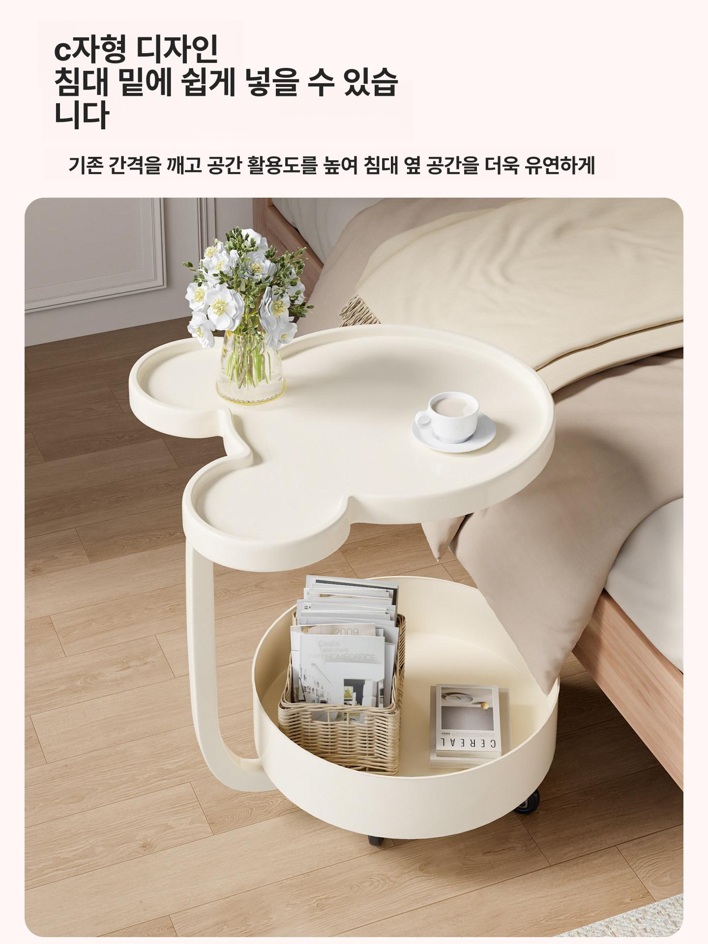 거실 커피테이블 수납 탁자 이동식 선반 미키나무결+흰색섀시 - 상세 이미지 5