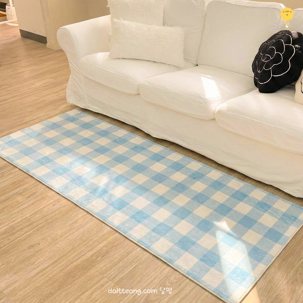 달떵 귀여운 파스텔체크 침대 침실 아기방 긴 러그 카페트 주방 매트 블루, 150x50cm