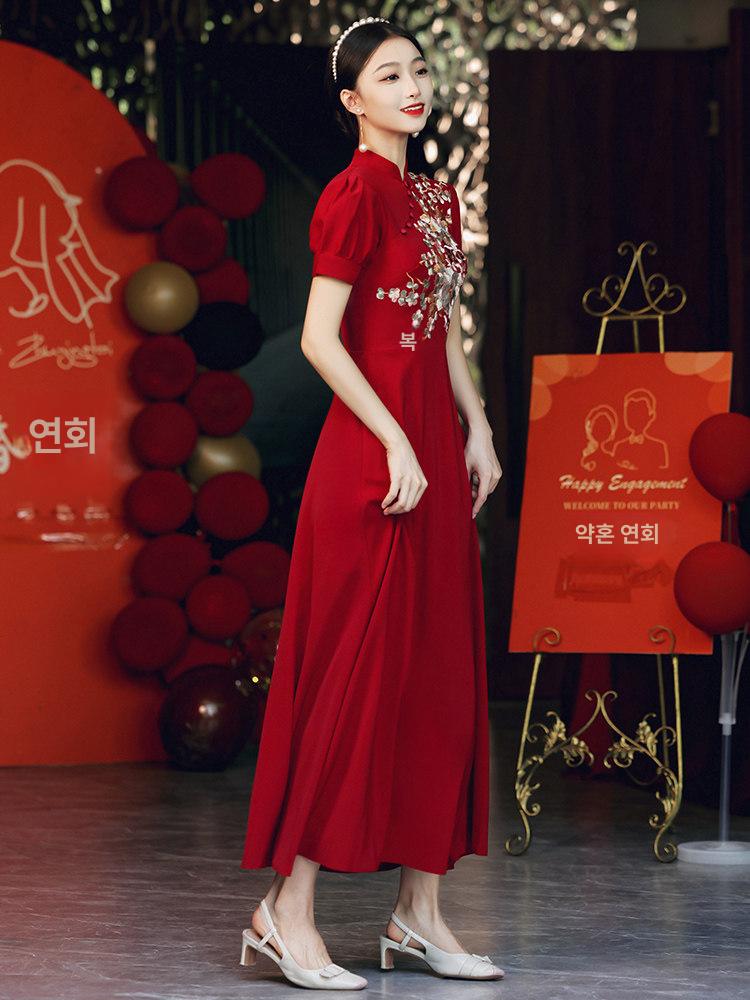 개량 치파오 턱시도 신부 결혼 와인색 약혼 드레스녀 여름 빈티지 차이나 스타일 - 상세 이미지 4