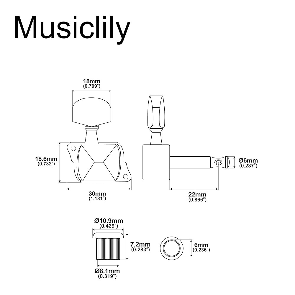 Musiclily Pro 15.2cm(6인치) 라인 세미 튜닝 페그 세트, 또는 헤드 스타일 스트랫 블랙 텔레 교체용, 클로즈드 튜너 기타 머신 Small Button Chrome - 상세 이미지 2