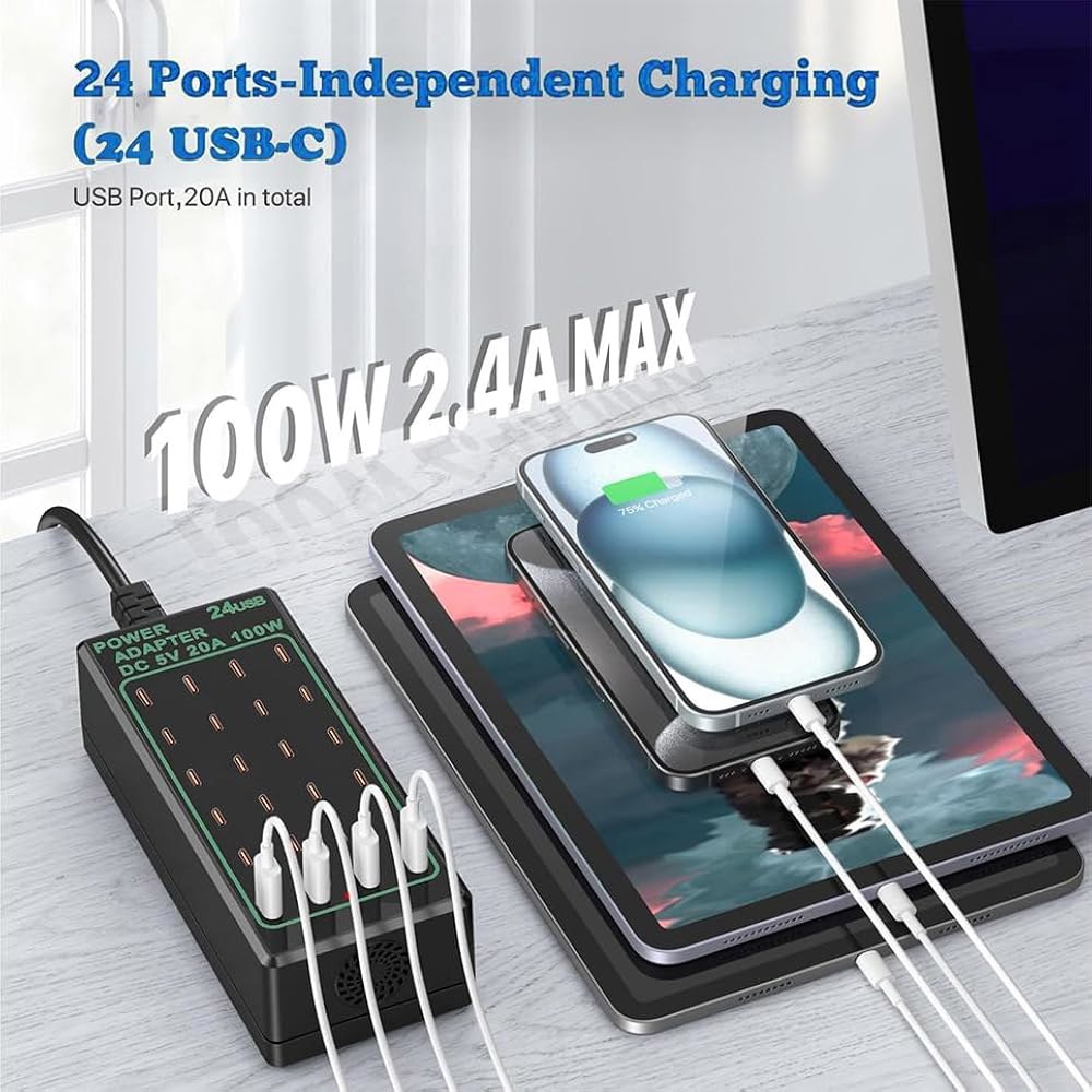 멀티 포트 USB 충전 스테이션 24 100와트 (20A), 충전기 허브 C 블록, 스마트폰, 테이블 및 기타 장치와 호환되는 여러 장치 25W 1 Port - 상세 이미지 2