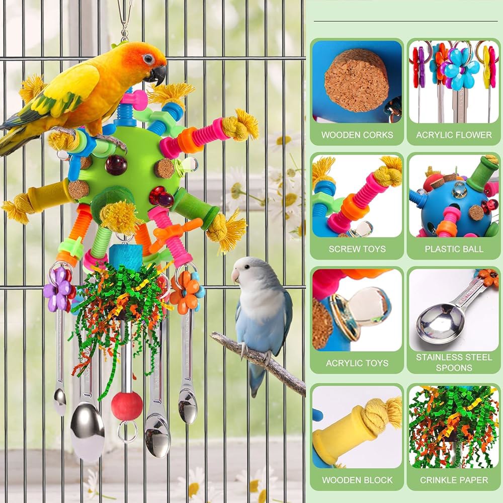 Parrot Toys 새 장난감 퍼치 및 츄 앵무새, 아마존 (그린) 그레이 앵무새 아프리카 스틱 풀 기타 있는 다채로운 코너레, 수 미니 스틸 스푼 마코 스테인리스 아크릴 - 상세 이미지 3