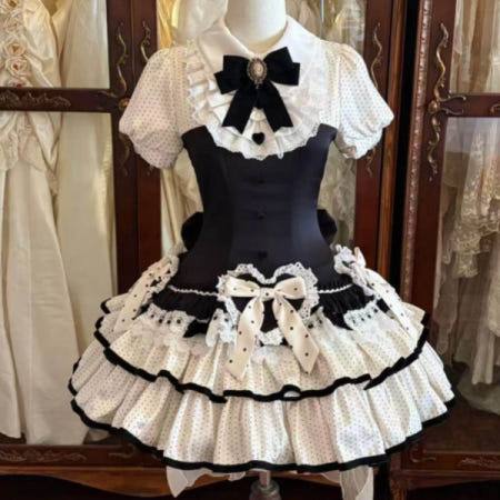 [해외]메이드카페 원피스 옷 직원 알바 여성 프릴 공주 치마 리본 세트