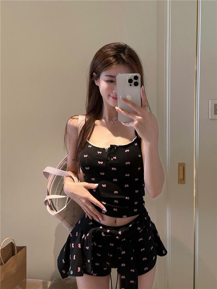 리본패턴 헨리넥 가디건 숏팬츠 나시 지니추 브라캡 쓰리피스 블랙 3피스 - 상세 이미지 4