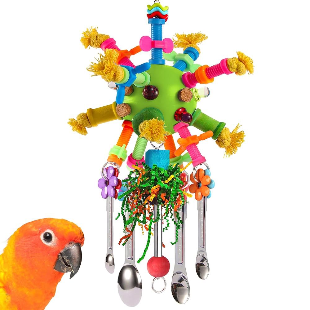 Parrot Toys 새 장난감 퍼치 및 츄 앵무새, 아마존 (그린) 그레이 앵무새 아프리카 스틱 풀 기타 있는 다채로운 코너레, 수 미니 스틸 스푼 마코 스테인리스 아크릴 - 상품 이미지