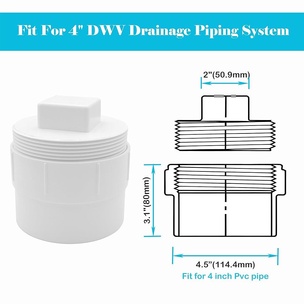 (2팩) 플러그 파이프 피팅이 있는 배수 DWV 시스템용 캡, 하수구 PVC RV 정원, 배관 10.2cm(4인치) 플러시 커플 및 기타 어댑터 청소 링 커버 - 상세 이미지 3