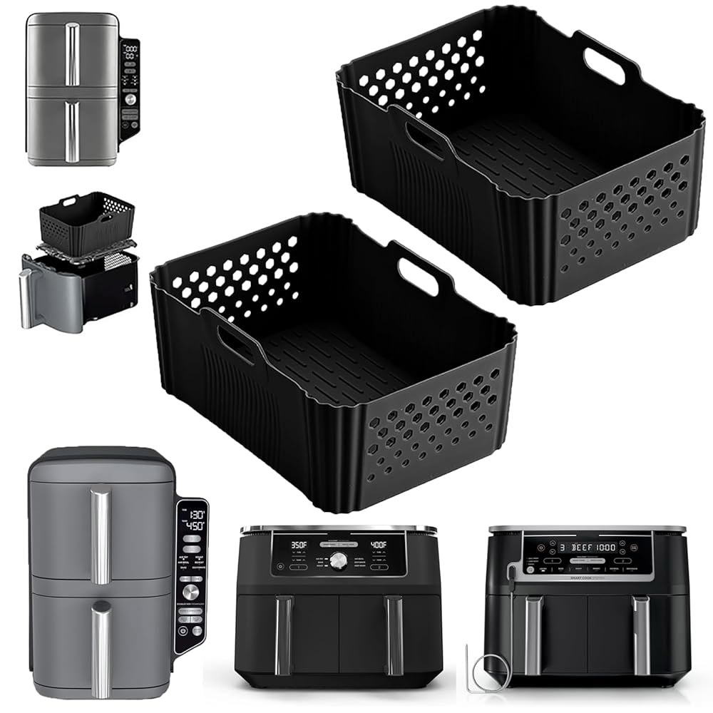 닌자 10QT DualZone DZ401 DZ550 Foodi 2팩, 재사용 에어 논스틱 DoubleStack 기타 SL400 바스켓 호환 10쿼트 라이너 DZ302용 직사각형 - 상품 이미지